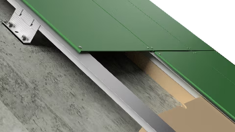 3D rendering of a back-ventilated facade system, showing multiple layers including the outer cladding, ventilated air gap, insulation layer, and inner structural wall.