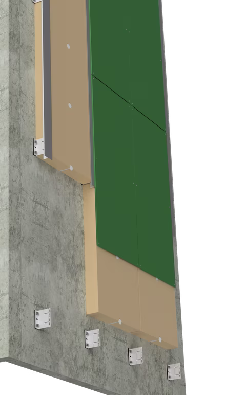 3D rendering of a back-ventilated facade system, showing multiple layers including the outer cladding, ventilated air gap, insulation layer, and inner structural wall.